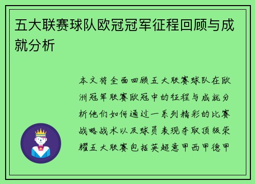 五大联赛球队欧冠冠军征程回顾与成就分析