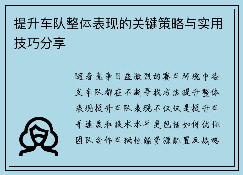 提升车队整体表现的关键策略与实用技巧分享