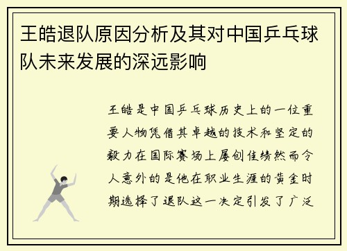 王皓退队原因分析及其对中国乒乓球队未来发展的深远影响